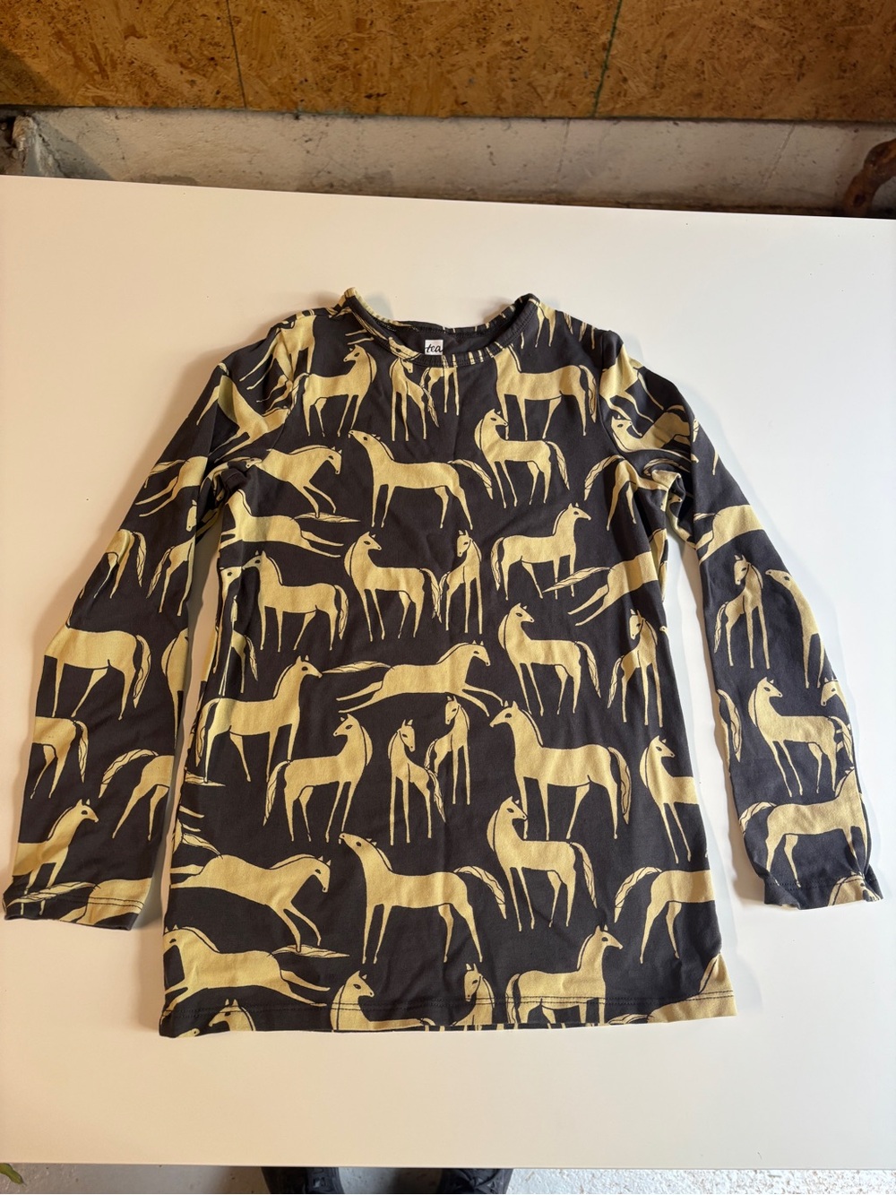 Tea Collection Black Long Sleeve Top with Yellow Horse Print
